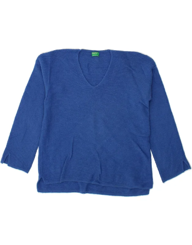 BENETTON Womens V-Neck Jumper Sweater UK 14 Medium Blue Wool