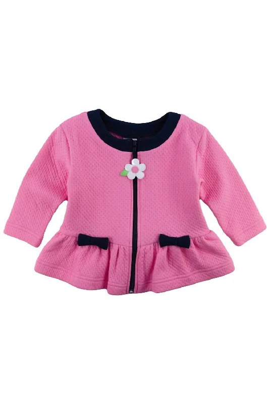 Girl's Jacquard Knit Jacket With Bows And Flowers In Pink