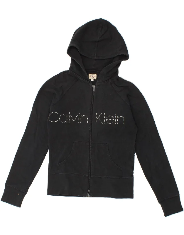 CALVIN KLEIN JEANS Womens Graphic Zip Hoodie Sweater UK 10 Small Black